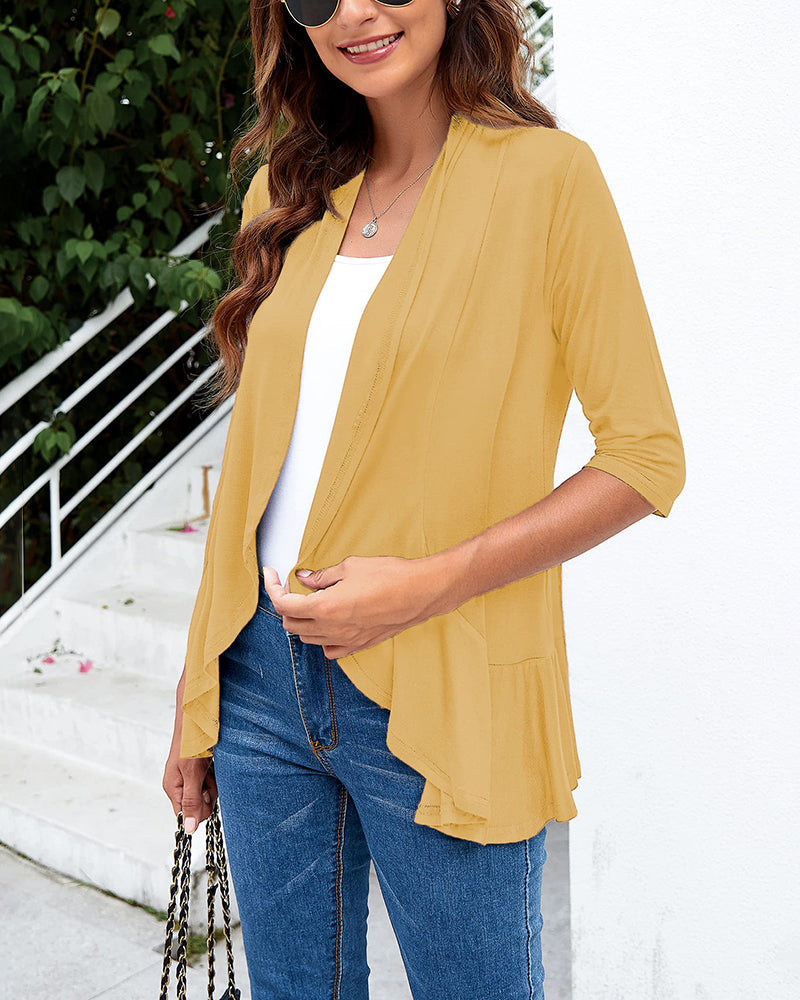 Women's Open Front Cardigan 3/4 Sleeve Draped Ruffles Soft Knit Sweaters - Zeagoo (Us Only)