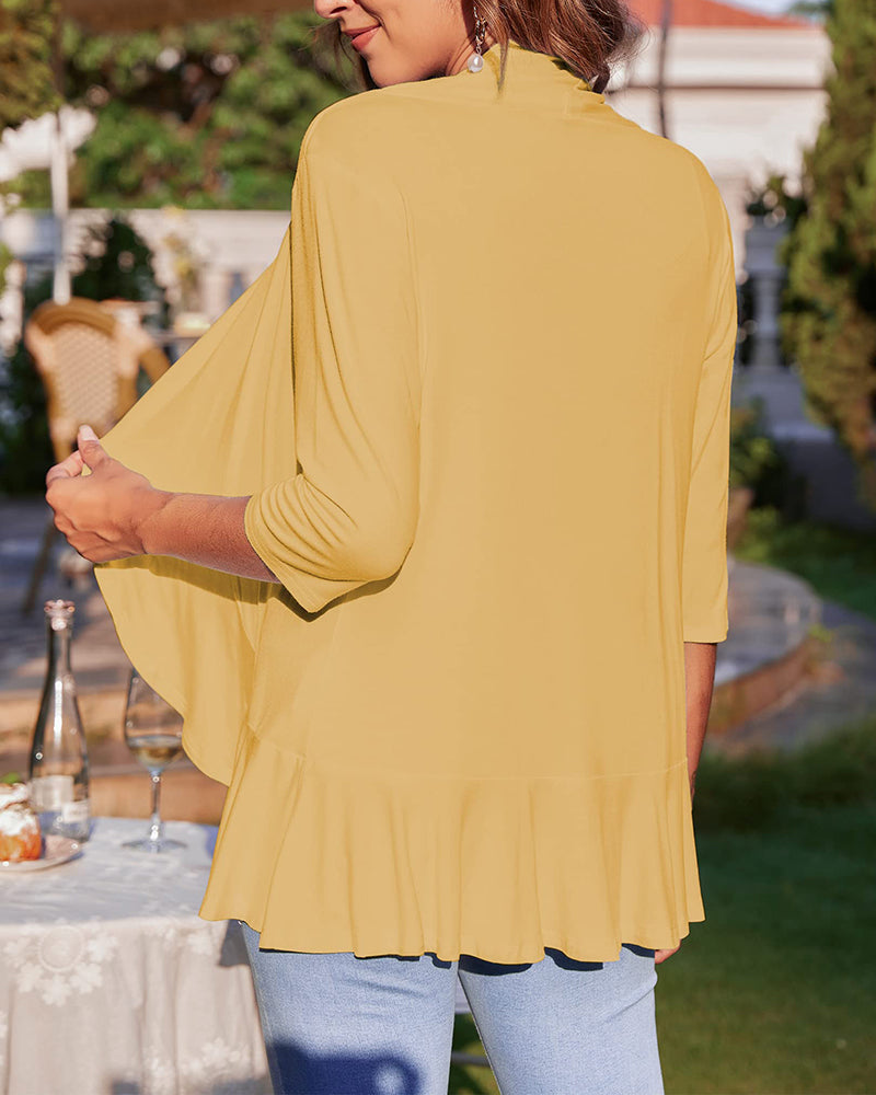 Women's Open Front Cardigan 3/4 Sleeve Draped Ruffles Soft Knit Sweaters - Zeagoo (Us Only)