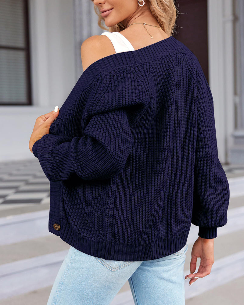 Zeagoo Women's 2023 Fall Chunky Knit Cardigans Open Front Long Sleeve V Neck Button Loose Cardigan Sweaters