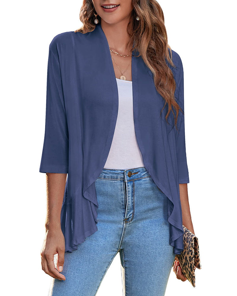 Women's Open Front Cardigan 3/4 Sleeve Draped Ruffles Soft Knit Sweaters - Zeagoo (Us Only)