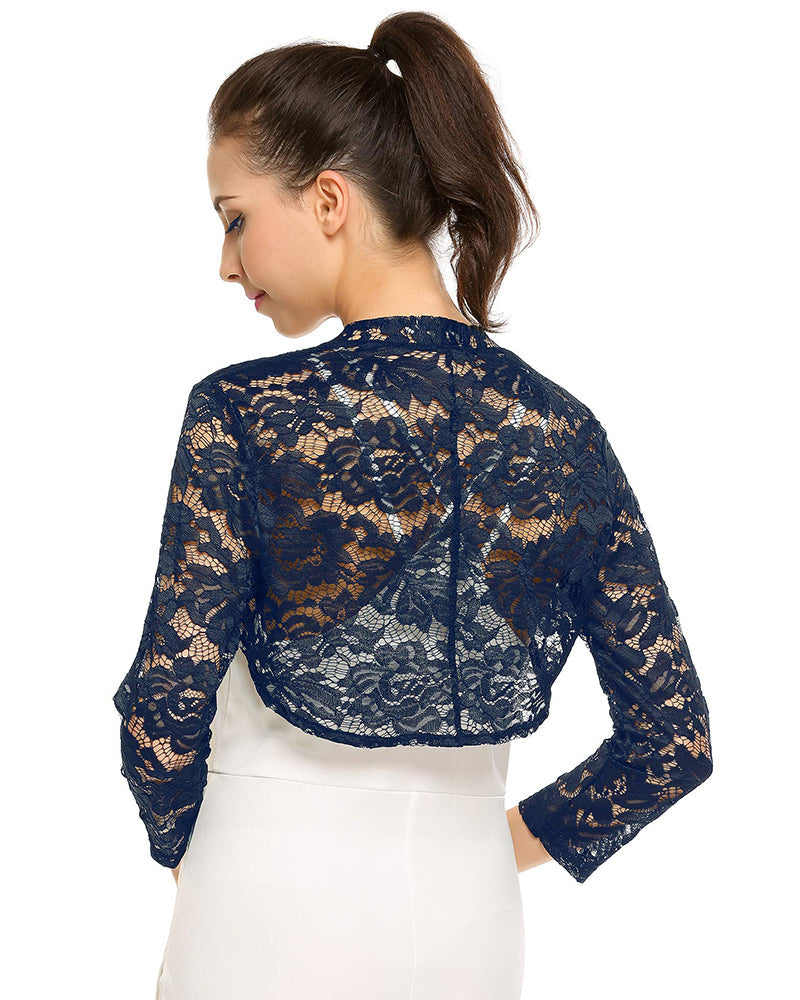 Women's 3 4 Sleeve Bolero Shrugs Crochet Lace Open Cardigan - Zeagoo (Us Only)