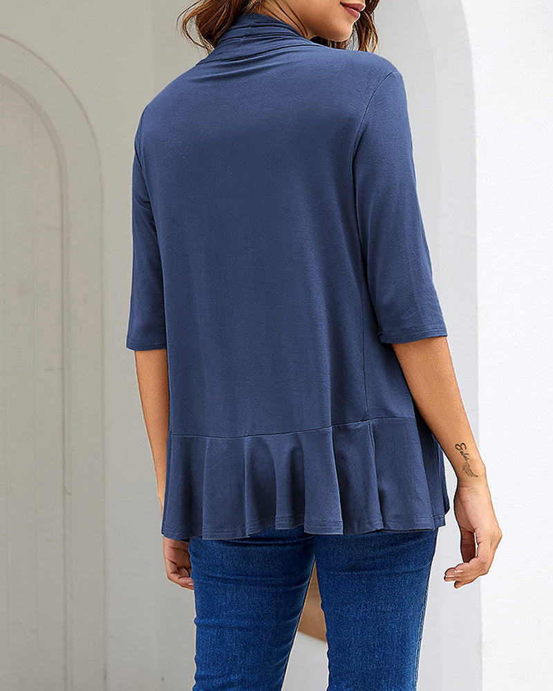 Women's Open Front Cardigan 3/4 Sleeve Draped Ruffles Soft Knit Sweaters - Zeagoo (Us Only)