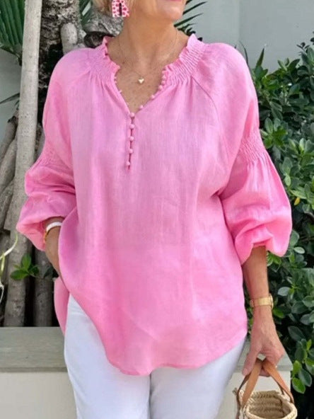 2025 Ladies Casual V-neck Solid Color Cotton and Linen Long Sleeve Top