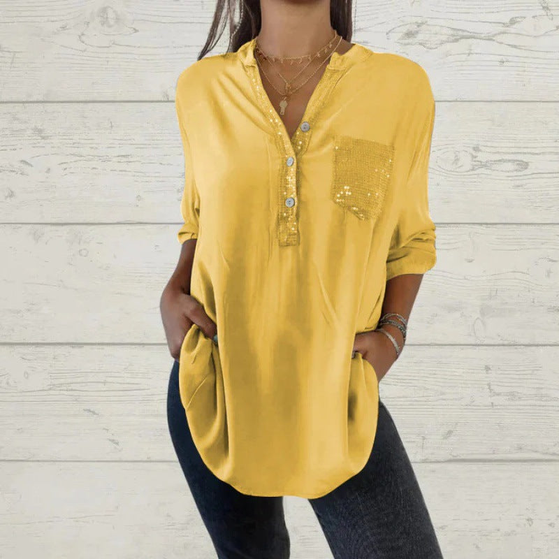 Women's V-Neck Sequin Patchwork Shirt