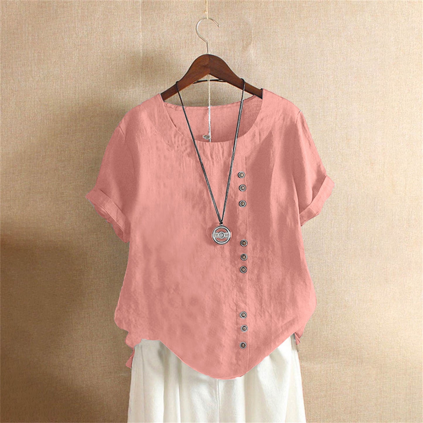 Vintage-Inspired Button Detail Linen Blouse for Women – Summer Casual Short Sleeve Top