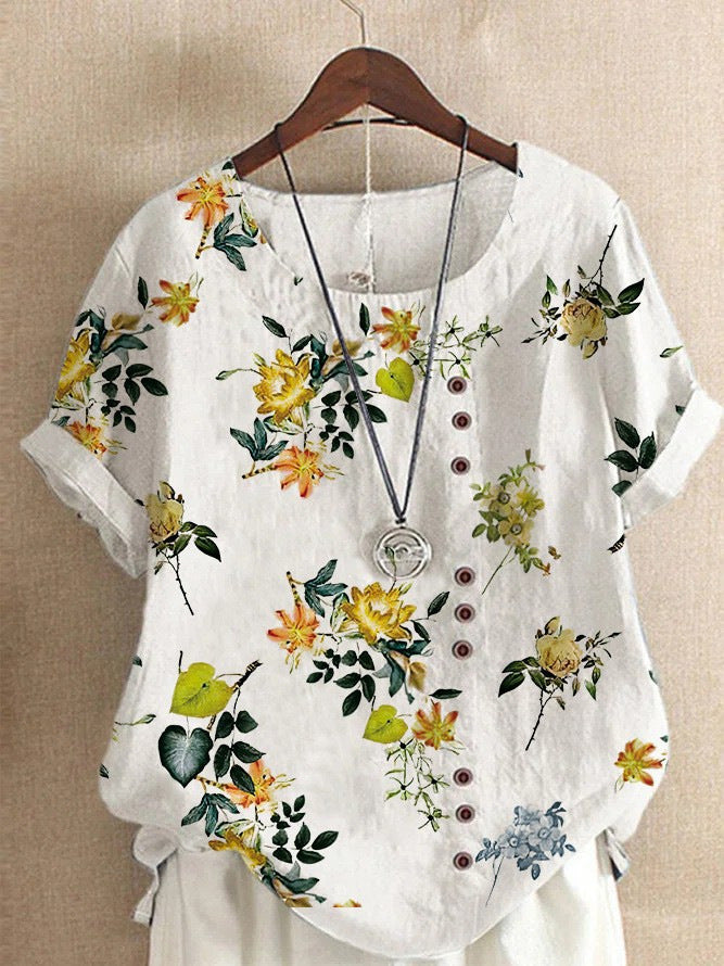 Women's Elegant Bamboo Pattern Cotton And Linen Short Sleeve Top