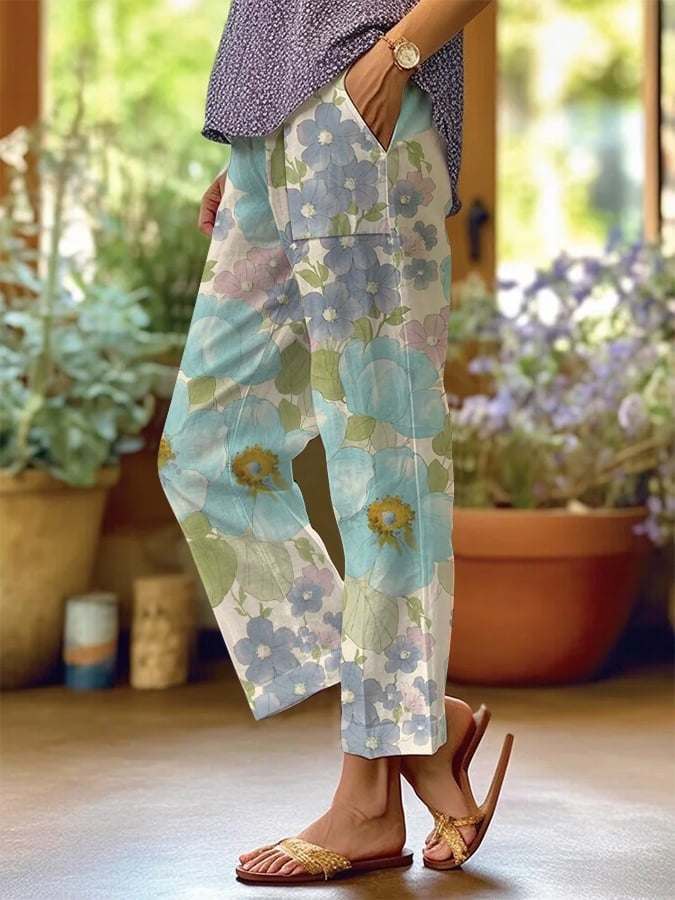 Women's Floral Print Loose-Fit Casual Pants with Pockets