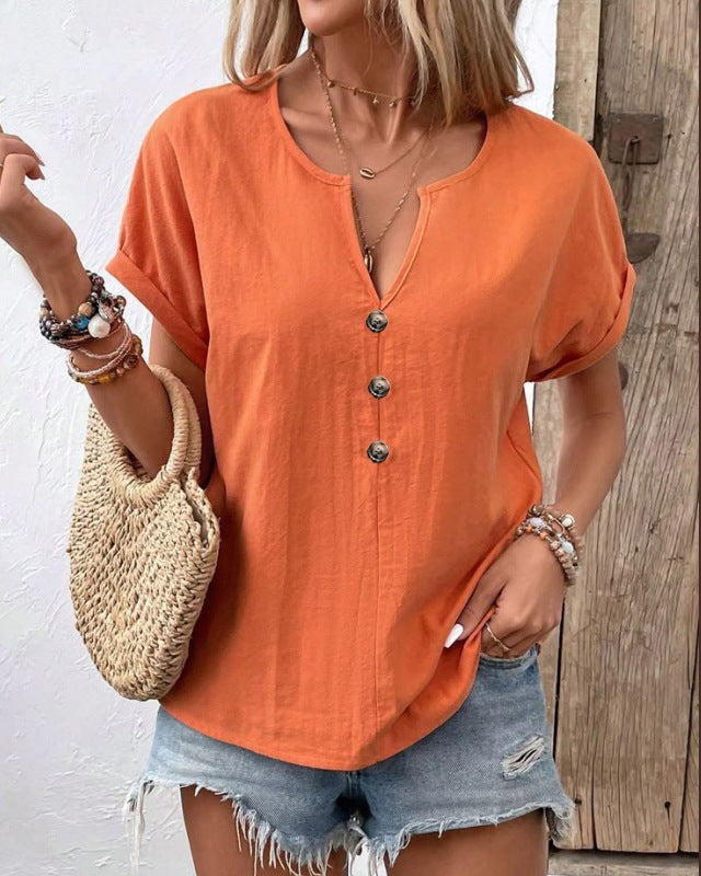 Women's Solid V-Neck Blouse – Lightweight Short Sleeve Casual Shirt (S–5XL)