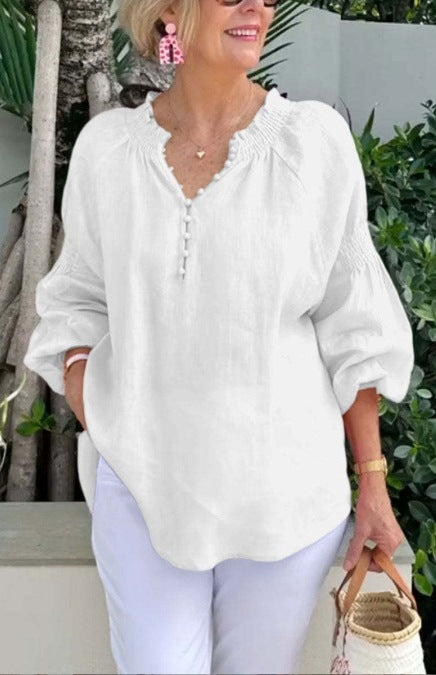2025 Ladies Casual V-neck Solid Color Cotton and Linen Long Sleeve Top