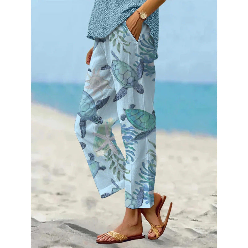Women’s Sea Turtle Print Linen Pants – Relaxed Fit Beach Trousers with Pockets