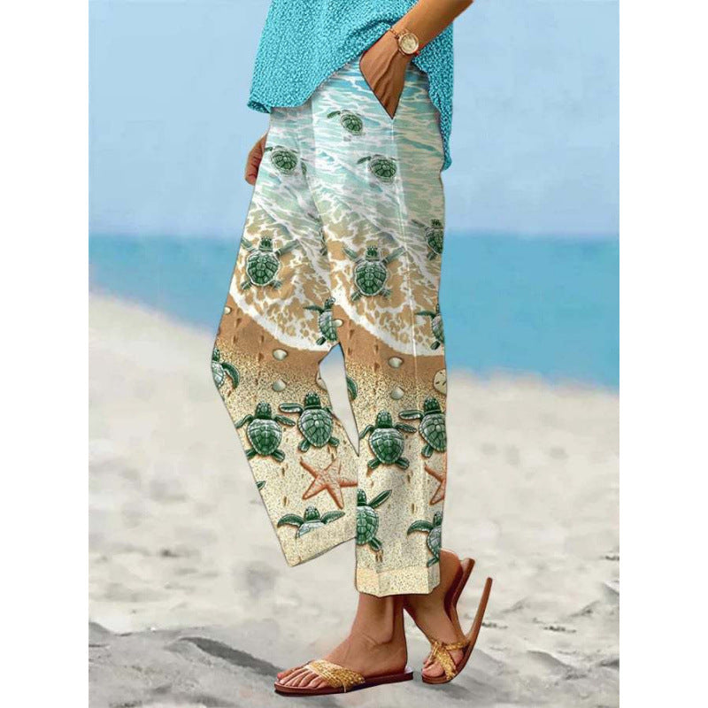 Women’s Sea Turtle Print Linen Pants – Relaxed Fit Beach Trousers with Pockets