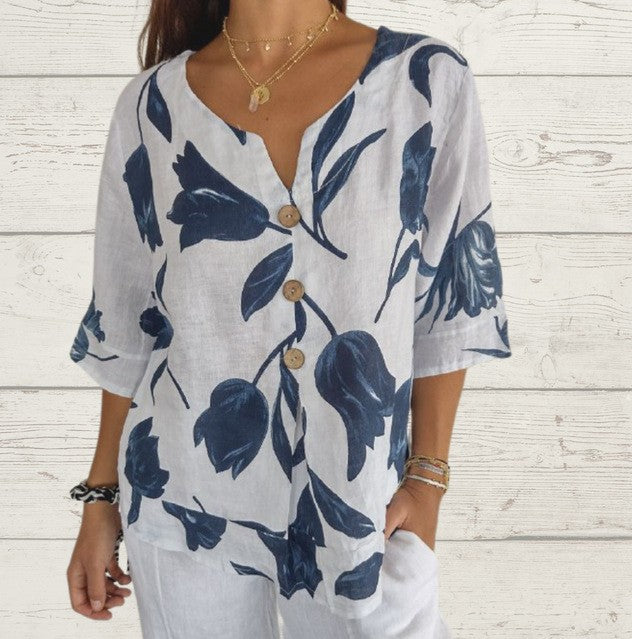Printed Linen-Cotton V-Neck Short-Sleeve Pull-On Shirt