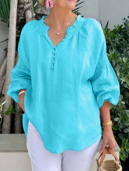 2025 Ladies Casual V-neck Solid Color Cotton and Linen Long Sleeve Top