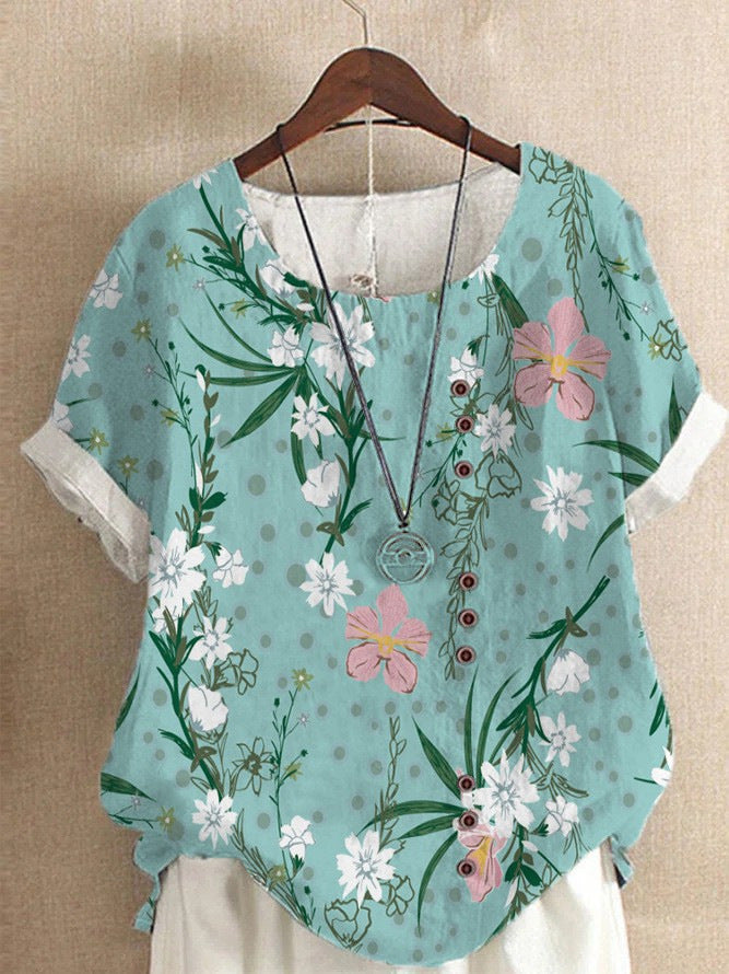 Women's Elegant Bamboo Pattern Cotton And Linen Short Sleeve Top