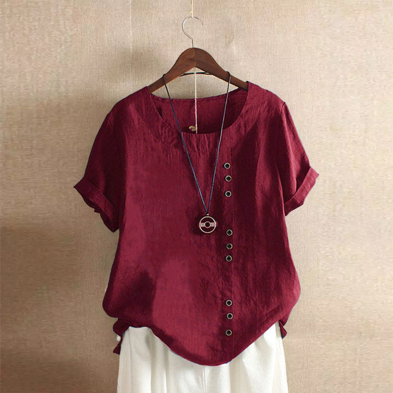 Vintage-Inspired Button Detail Linen Blouse for Women – Summer Casual Short Sleeve Top