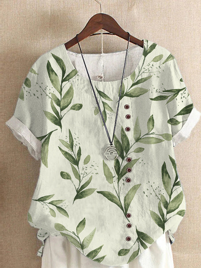 Women's Elegant Bamboo Pattern Cotton And Linen Short Sleeve Top