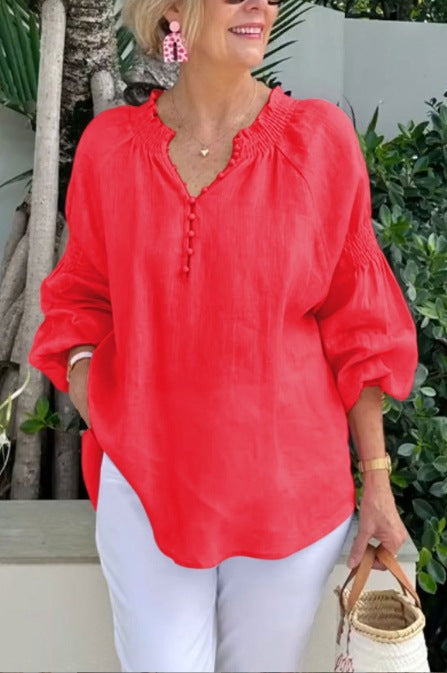 2025 Ladies Casual V-neck Solid Color Cotton and Linen Long Sleeve Top