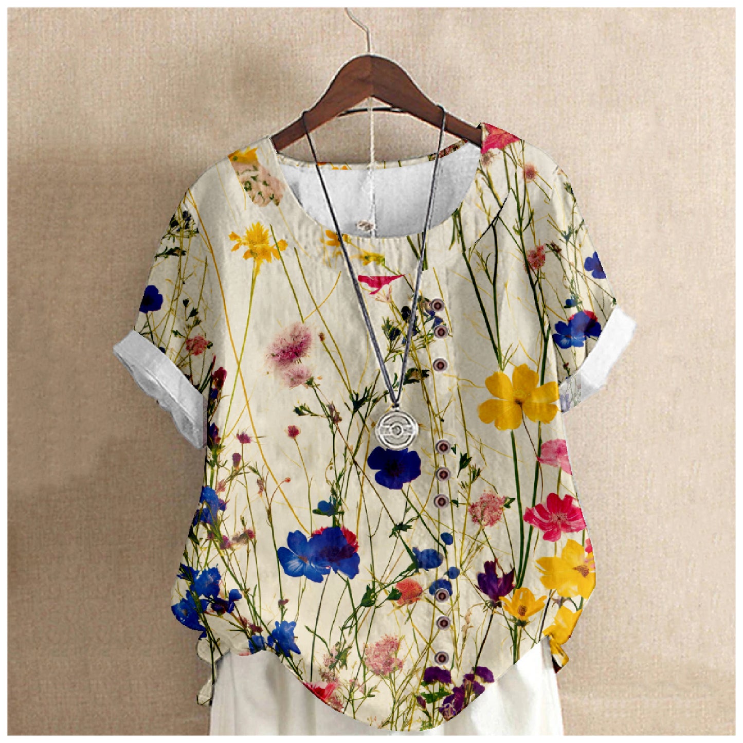 Women's Elegant Bamboo Pattern Cotton And Linen Short Sleeve Top