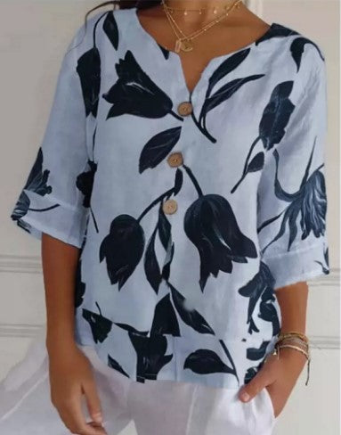 Printed Linen-Cotton V-Neck Short-Sleeve Pull-On Shirt