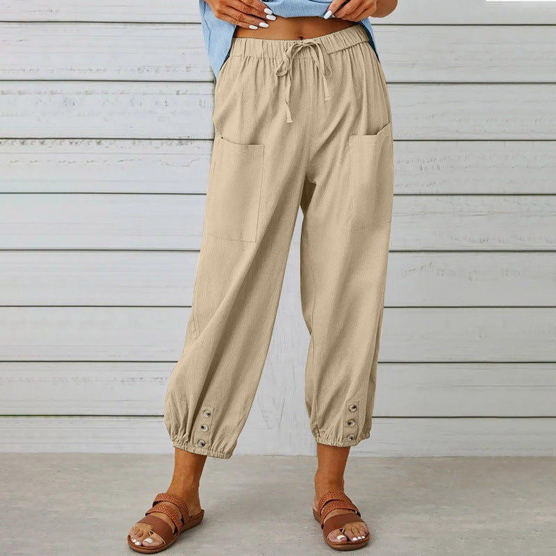 Solid Color Casual With Pocket Buttons Cotton Linen Trousers