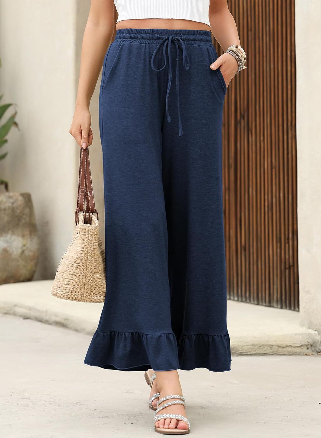 Women's Wide Leg Lounge Pants – High Waist Ruffle Hem Drawstring Trousers with Pockets