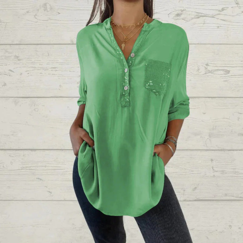 Women's V-Neck Sequin Patchwork Shirt
