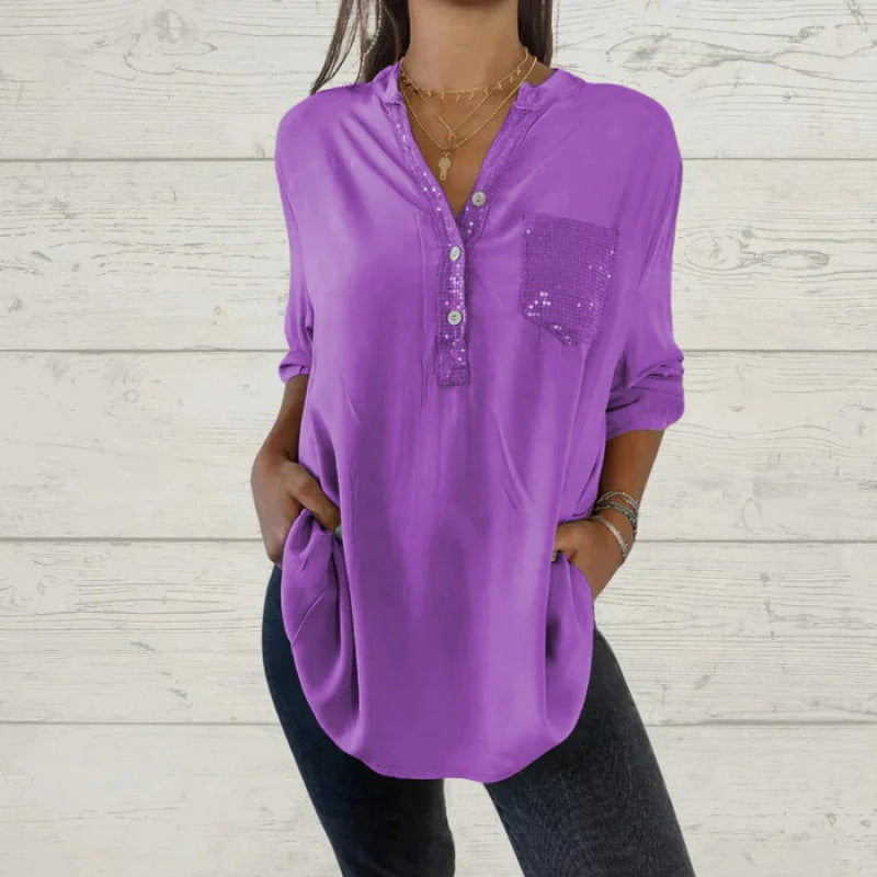 Women's V-Neck Sequin Patchwork Shirt