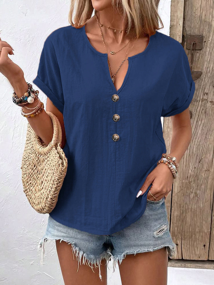 Women's Solid V-Neck Blouse – Lightweight Short Sleeve Casual Shirt (S–5XL)