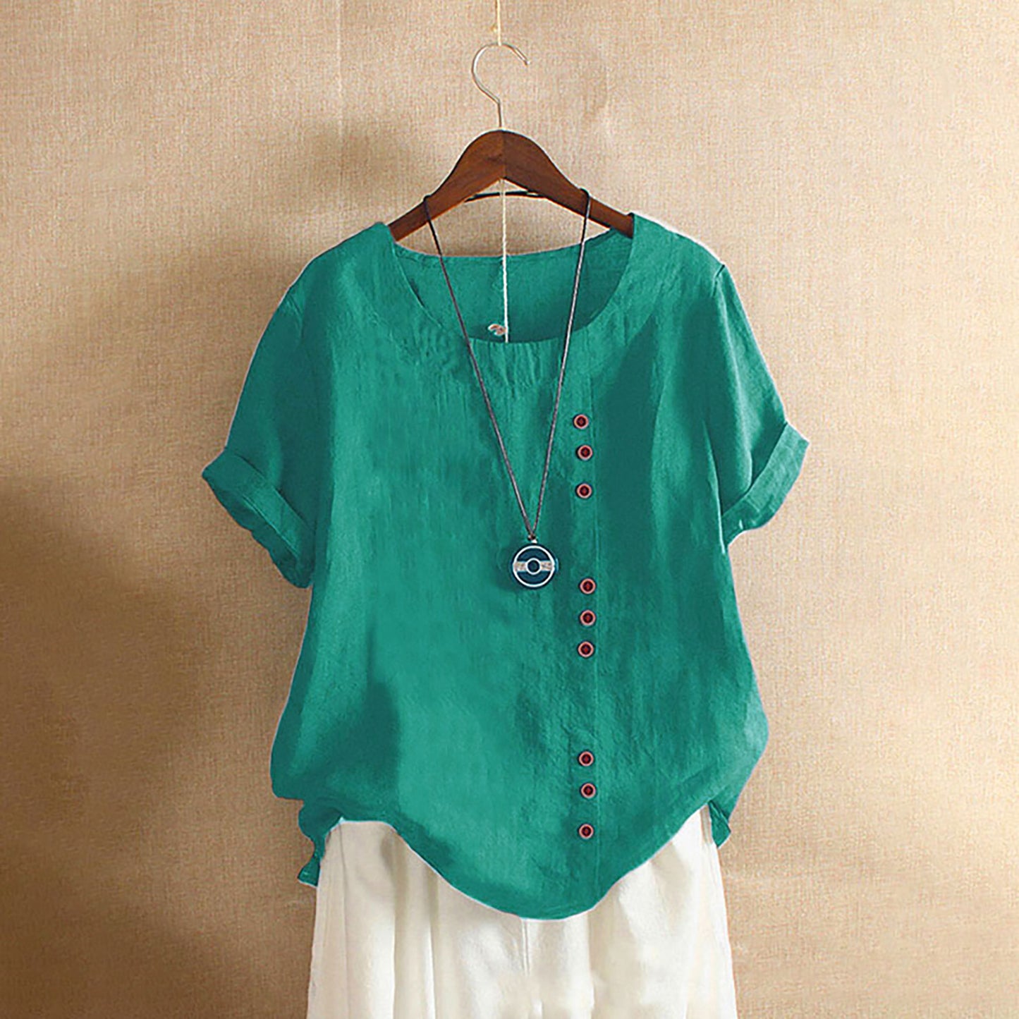 Vintage-Inspired Button Detail Linen Blouse for Women – Summer Casual Short Sleeve Top