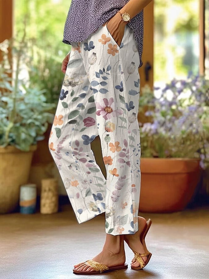 Women's Floral Print Loose-Fit Casual Pants with Pockets