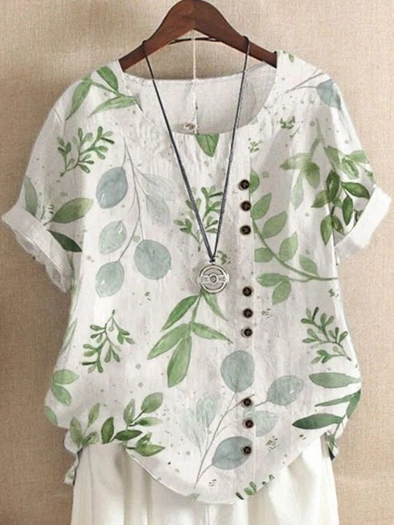 Women's Elegant Bamboo Pattern Cotton And Linen Short Sleeve Top
