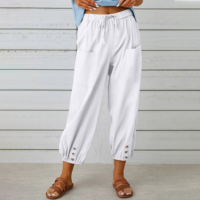 Solid Color Casual With Pocket Buttons Cotton Linen Trousers