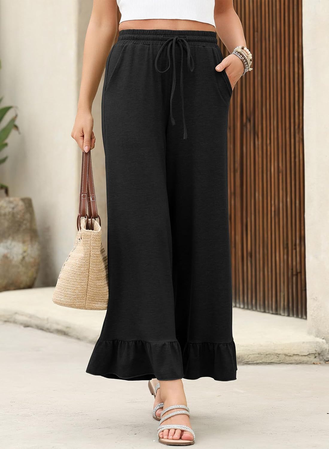 Women's Wide Leg Lounge Pants – High Waist Ruffle Hem Drawstring Trousers with Pockets