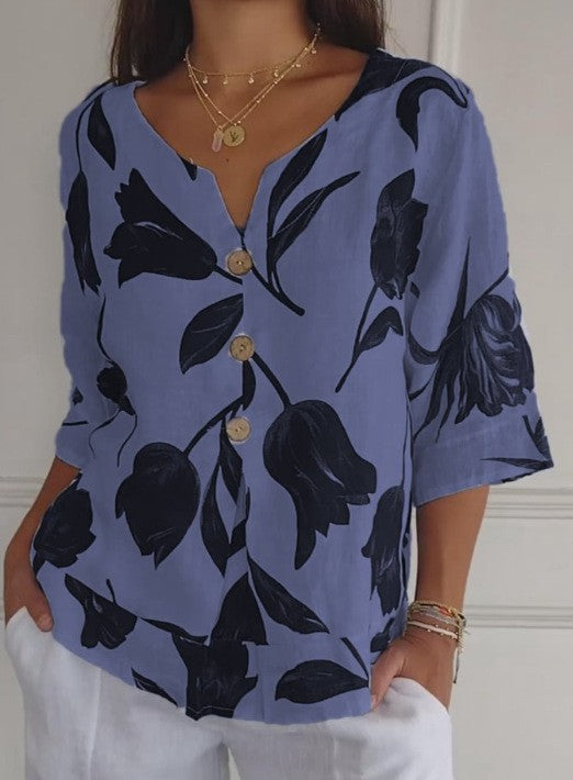 Printed Linen-Cotton V-Neck Short-Sleeve Pull-On Shirt