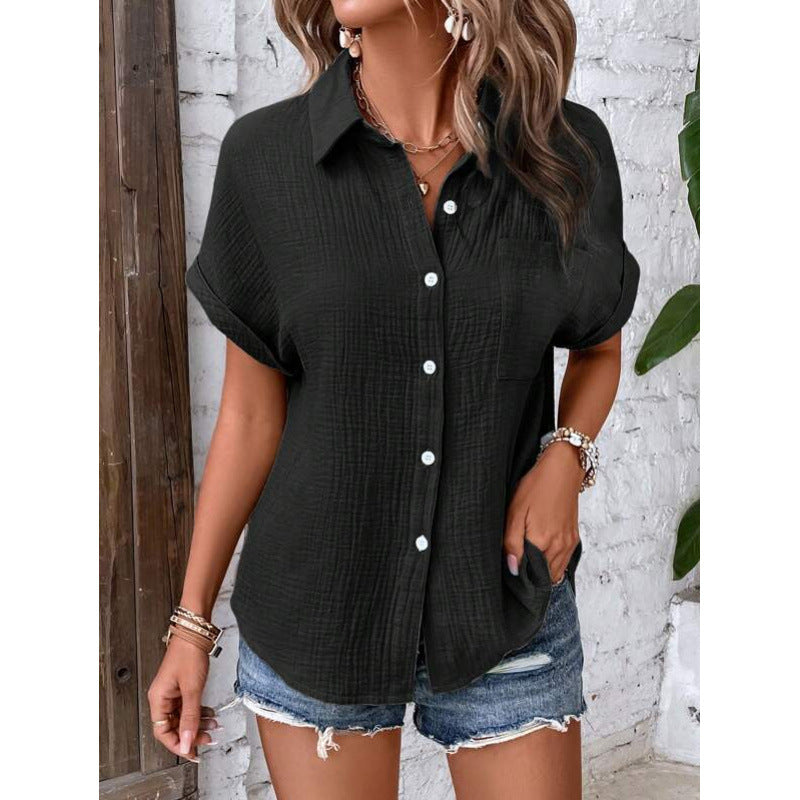 Women's Solid Color Button-Up Blouse – Short Sleeve Casual Shirt with Relaxed Fit (S–2XL)