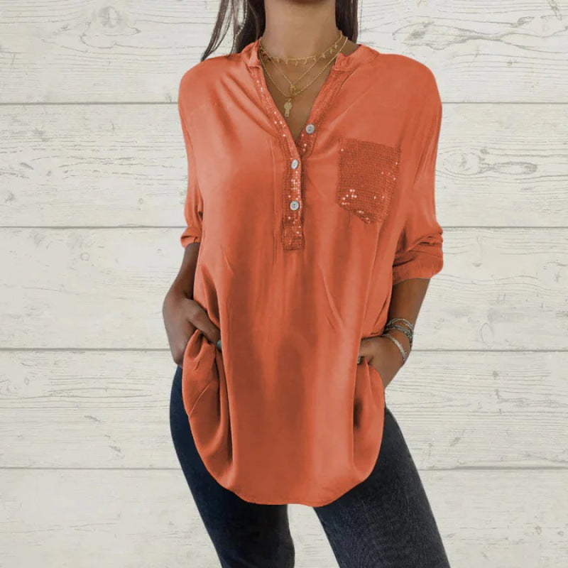Women's V-Neck Sequin Patchwork Shirt