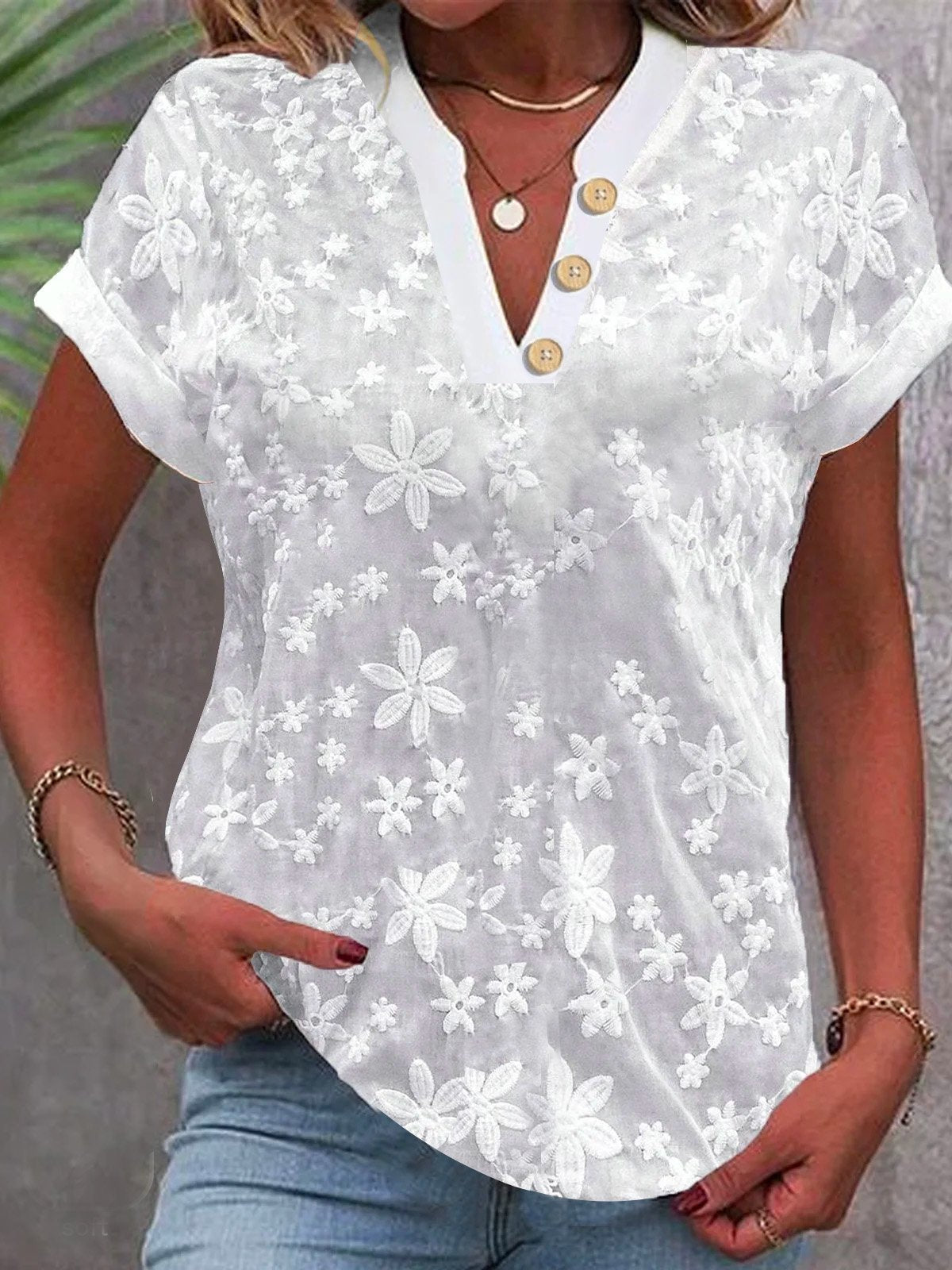 Women's V-Neck Floral Print Short Sleeve Blouse – Casual Summer Tops for Women | Loose Fit Plus Size (S–2XL)