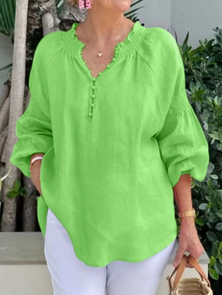 2025 Ladies Casual V-neck Solid Color Cotton and Linen Long Sleeve Top