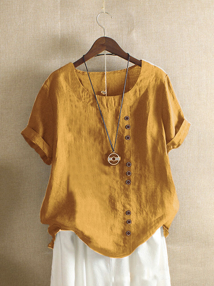 Vintage-Inspired Button Detail Linen Blouse for Women – Summer Casual Short Sleeve Top