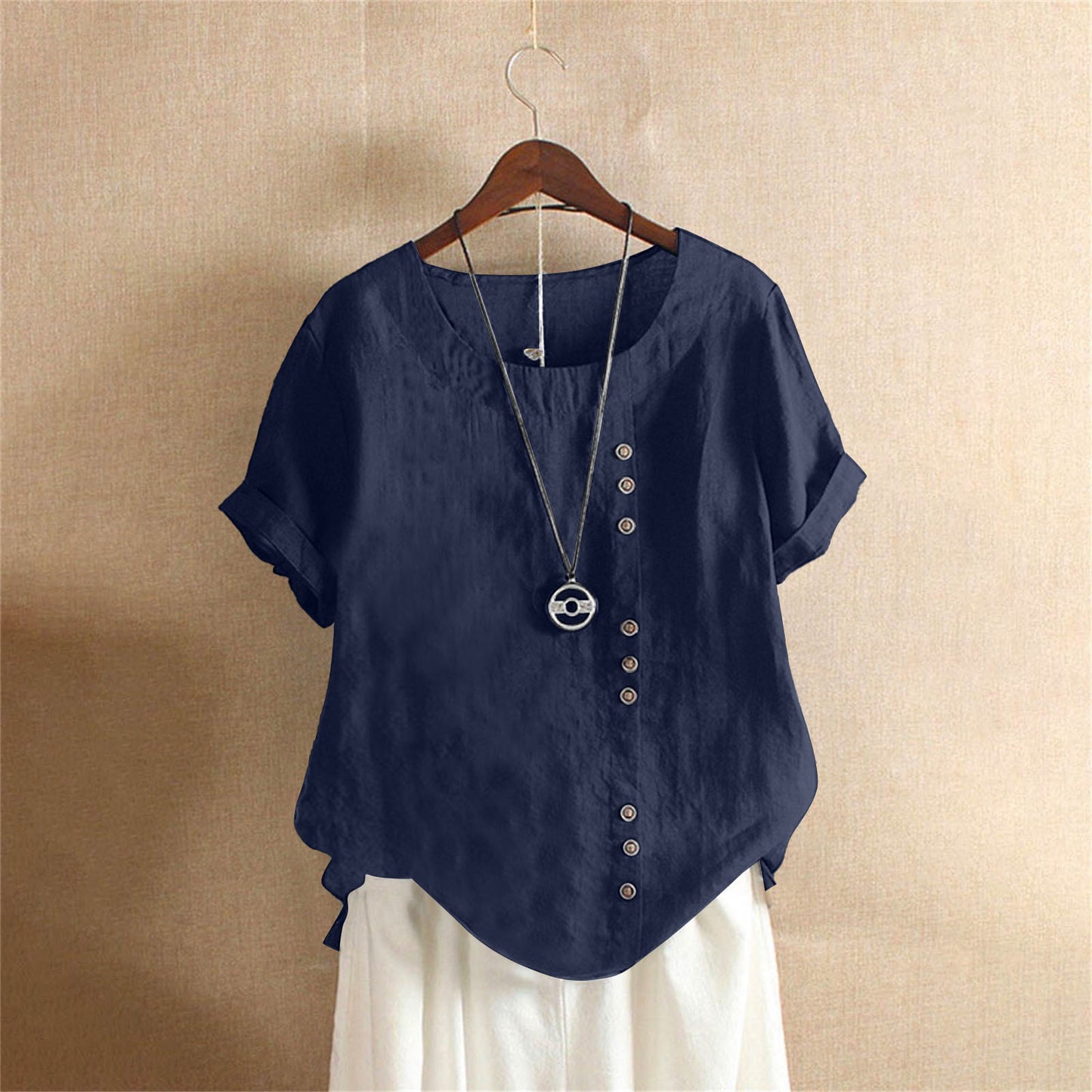 Vintage-Inspired Button Detail Linen Blouse for Women – Summer Casual Short Sleeve Top