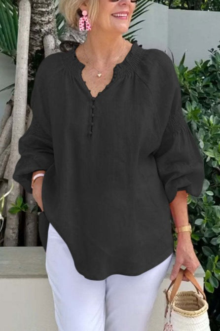 2025 Ladies Casual V-neck Solid Color Cotton and Linen Long Sleeve Top