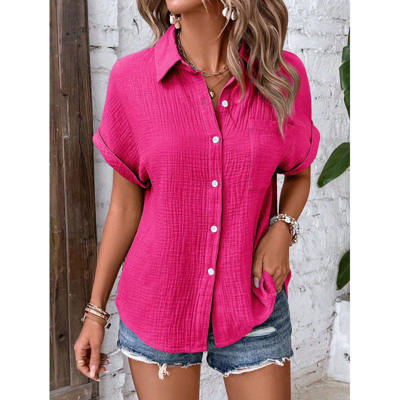 Women's Solid Color Button-Up Blouse – Short Sleeve Casual Shirt with Relaxed Fit (S–2XL)