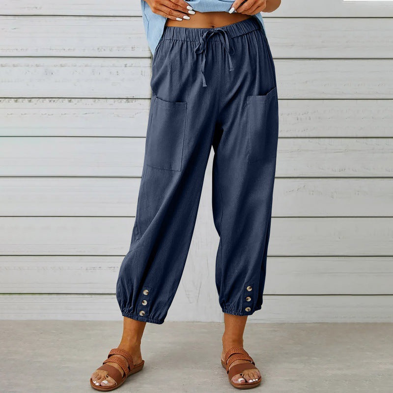 Solid Color Casual With Pocket Buttons Cotton Linen Trousers