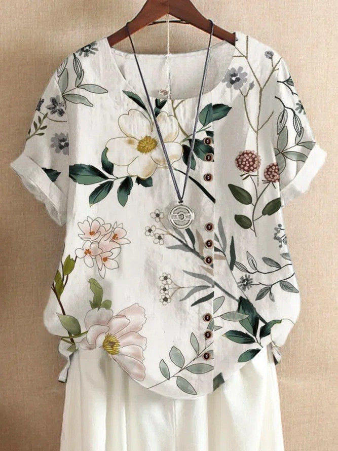 Women's Elegant Bamboo Pattern Cotton And Linen Short Sleeve Top