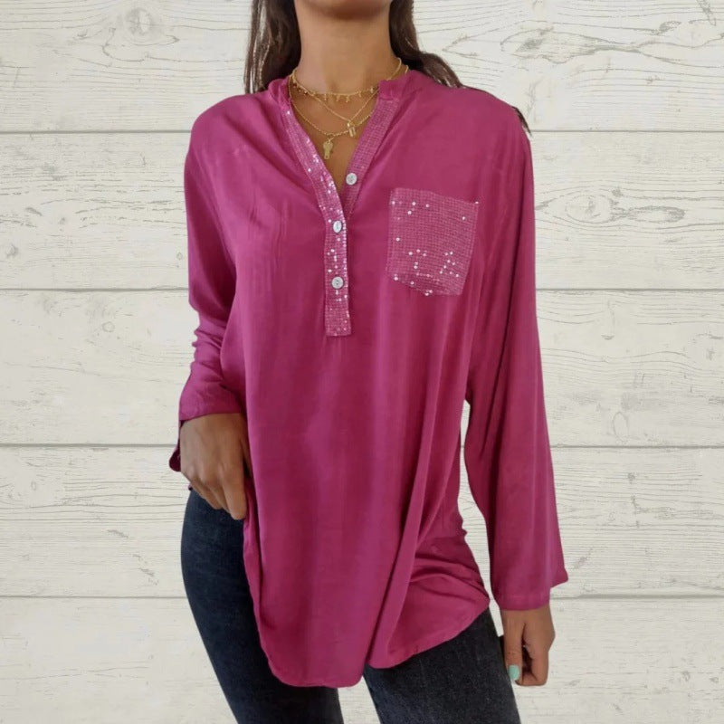 Women's V-Neck Sequin Patchwork Shirt