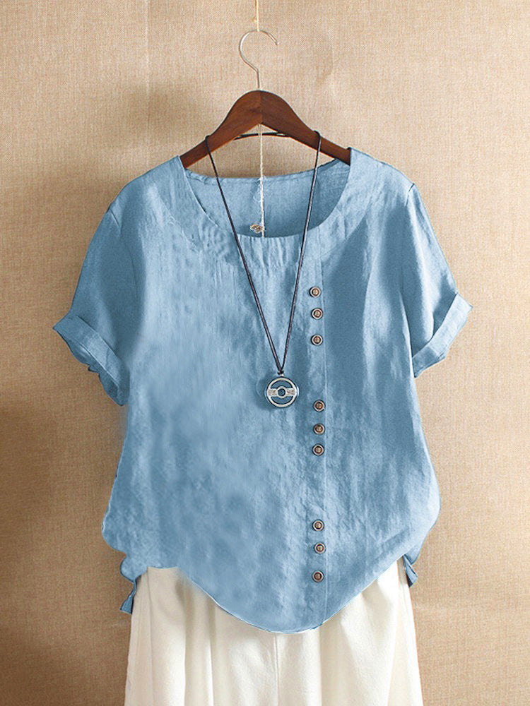 Vintage-Inspired Button Detail Linen Blouse for Women – Summer Casual Short Sleeve Top