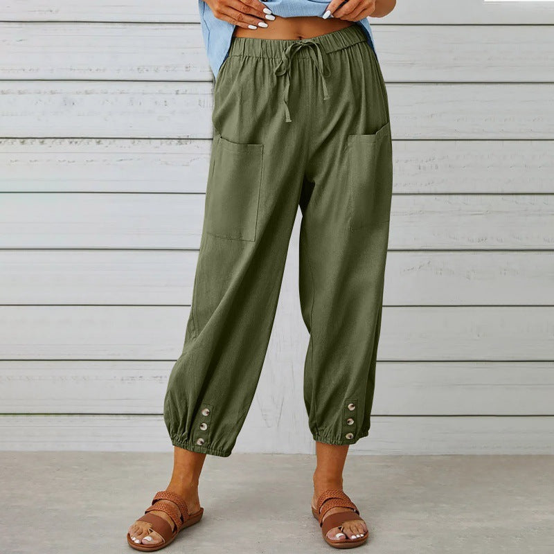 Solid Color Casual With Pocket Buttons Cotton Linen Trousers