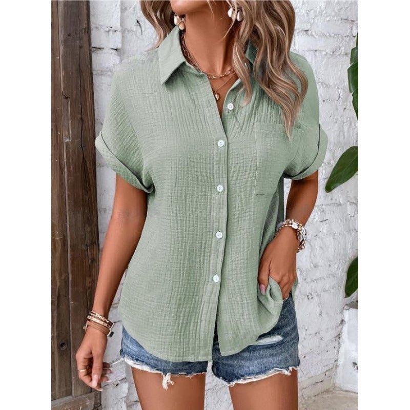 Women's Solid Color Button-Up Blouse – Short Sleeve Casual Shirt with Relaxed Fit (S–2XL)