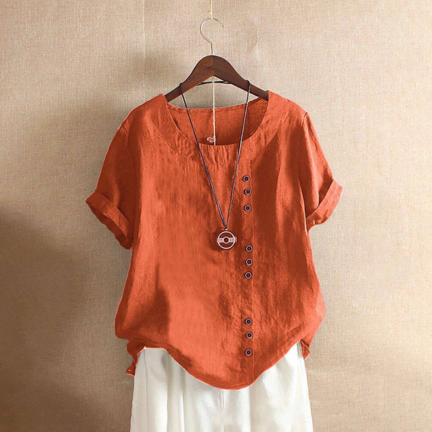 Vintage-Inspired Button Detail Linen Blouse for Women – Summer Casual Short Sleeve Top