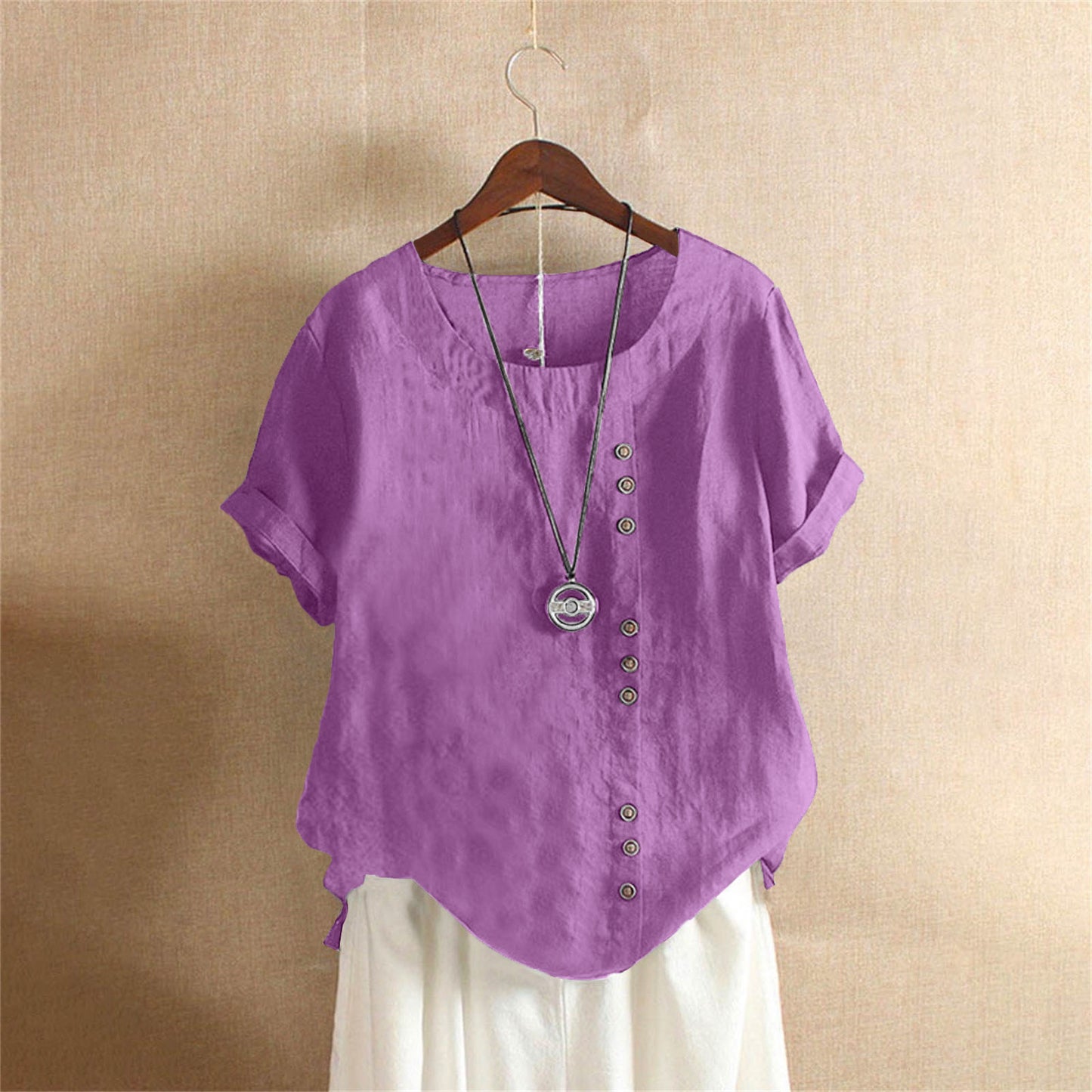 Vintage-Inspired Button Detail Linen Blouse for Women – Summer Casual Short Sleeve Top